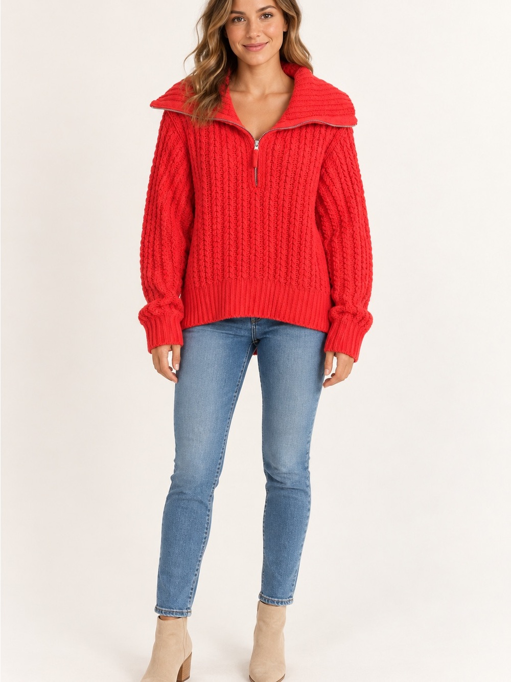 aerie Cable Car Quarter Zip Holiday Red Knit Half-Zip Turtleneck Sweater SZ Smal